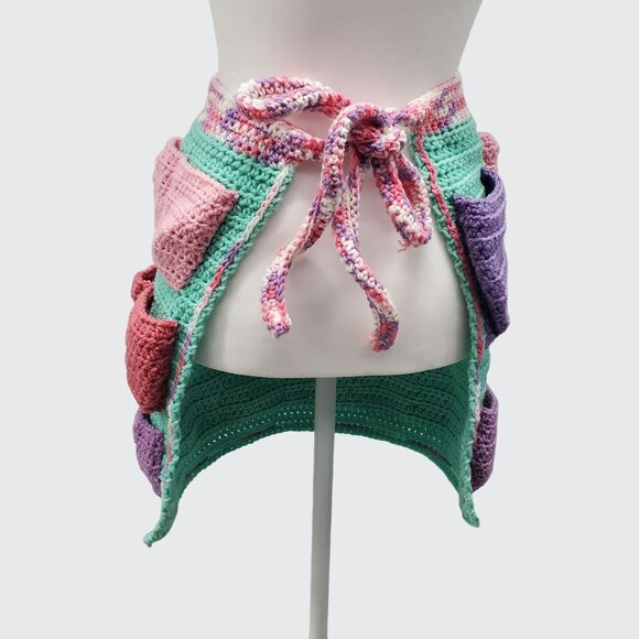 Egg Collecting Apron Blue Pink Purple Yarn Handmade Crochet Apron - Picture 3 of 5